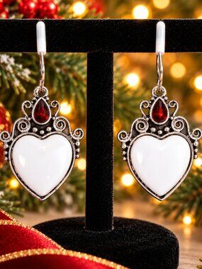 Diminutive White Heart Drop Earrings with Red Tear Drop Accent GIFT